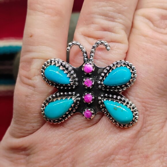 Southwest Butterfly Ring Sterling Silver Turquoise Purple Spiny Oyster Size 8 - Picture 1 of 7